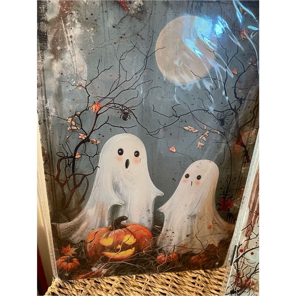 Vintage Halloween Witch & Cat & Ghosts Metal Sign - Black, Orange, White 8.5x12 - Picture 2 of 12